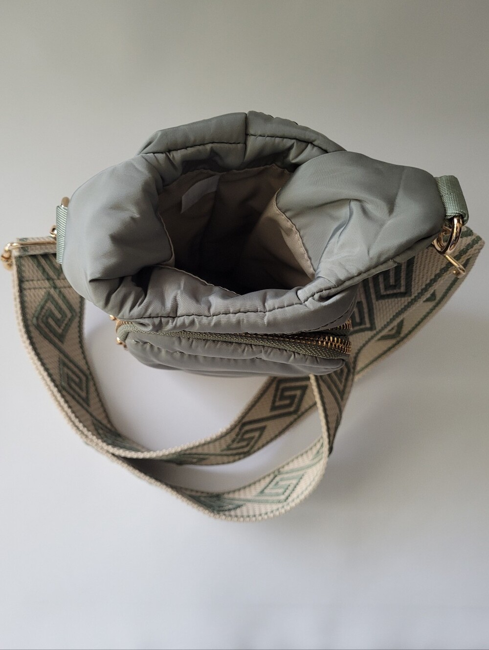 Quilted Crossbody Bag, Patterned Strap - Sage Green - Picture 3 of 5